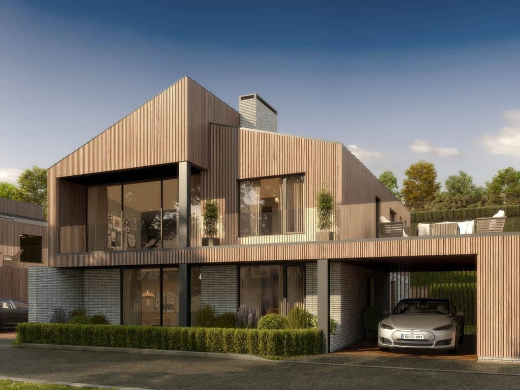 Cleave Wood CGI property render. A modern, angular contemporary property with wood cladding.